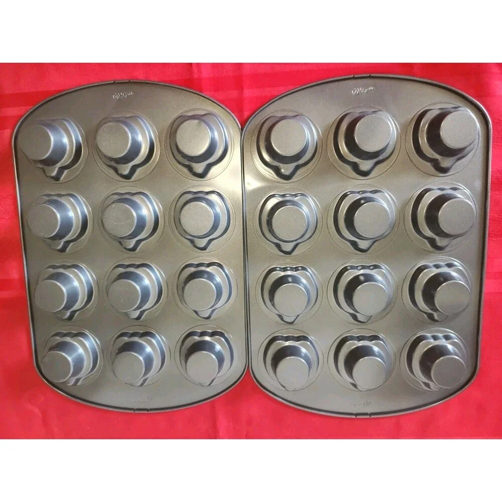 Wilton Muffin Pan Set of 2 Flower Pumpkin Apple Shape 12 Cavity Cupcake Bakeware